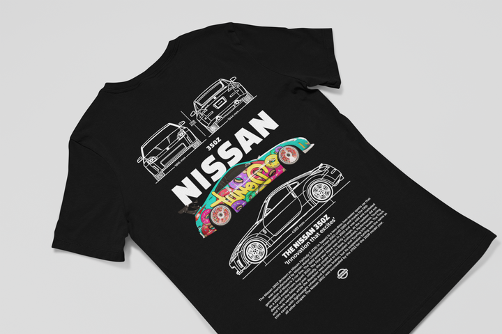 Black t-shirt with Nissan graphics on a light gray background