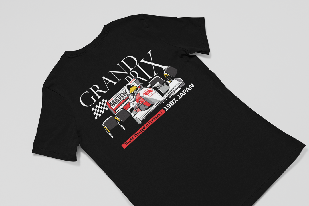 Black t-shirt with a race car graphic and &