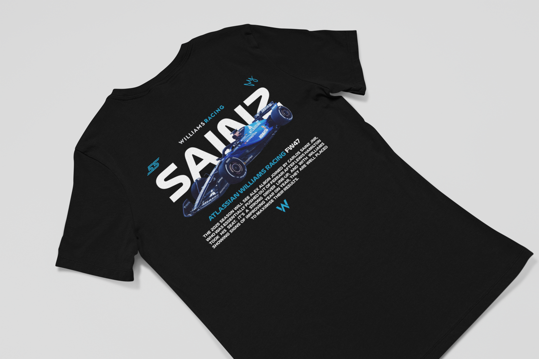 Black t-shirt with Formula 1 car graphic and text on a gray background