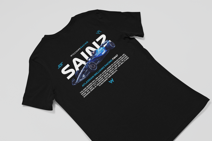 Black t-shirt with Formula 1 car graphic and text on a gray background