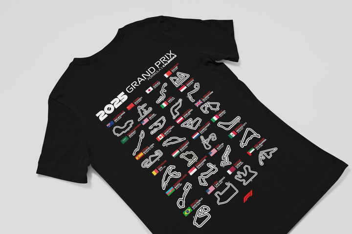 Black t-shirt with Grand Prix circuit designs on a light gray background