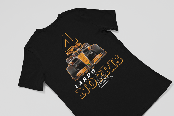Black t-shirt with Lando Norris logo on a light gray background