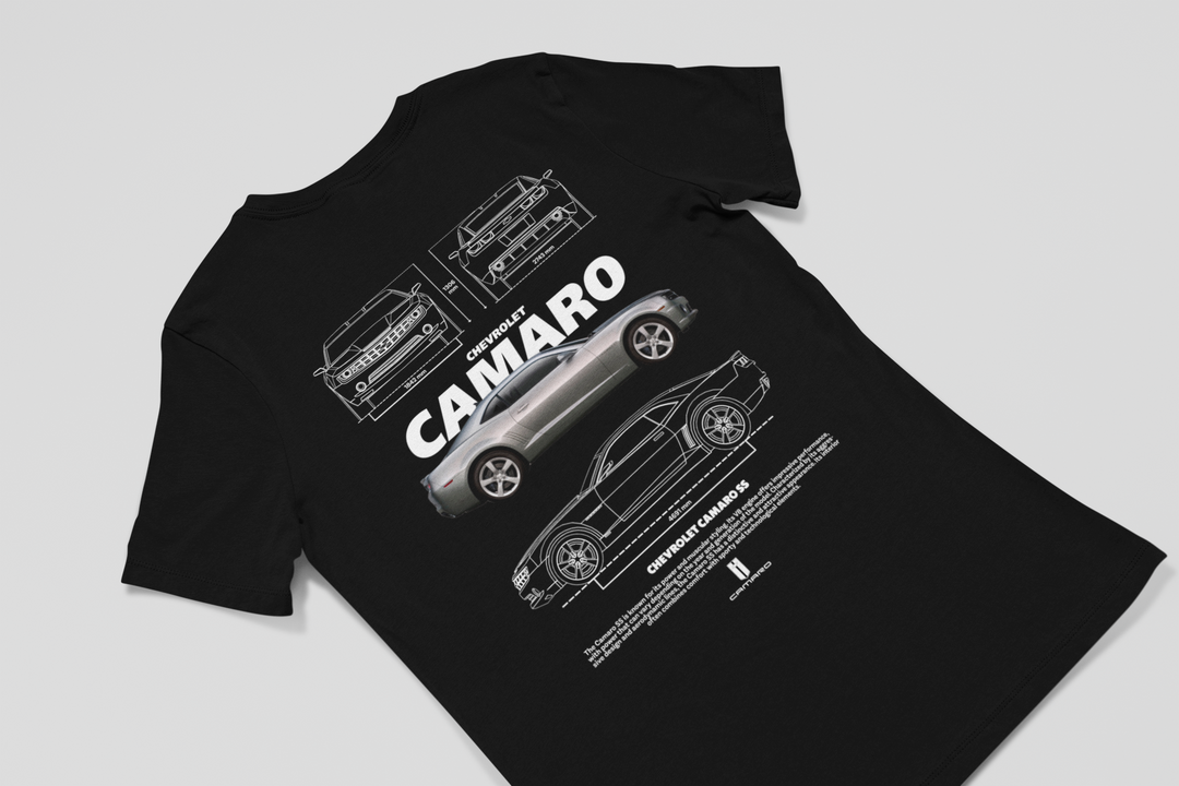 Black t-shirt with white Camaro graphics on a light gray background