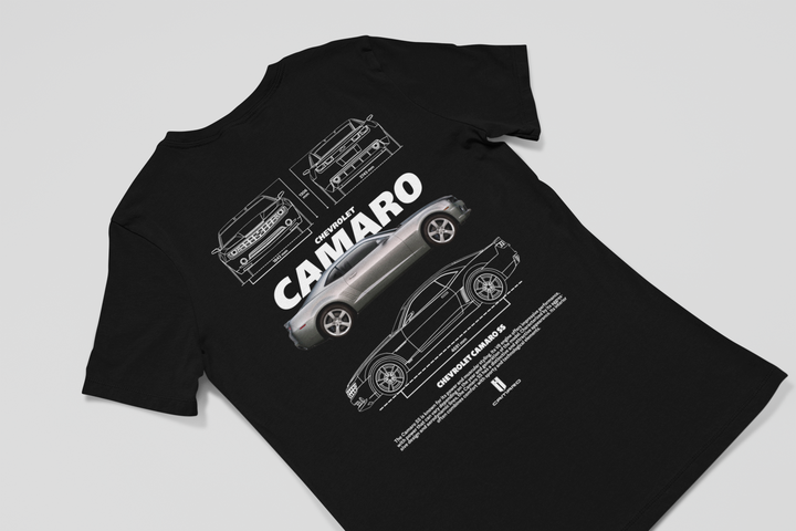 Black t-shirt with white Camaro graphics on a light gray background