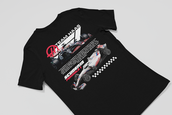 Black t-shirt with Formula 1 car design and text on a gray background