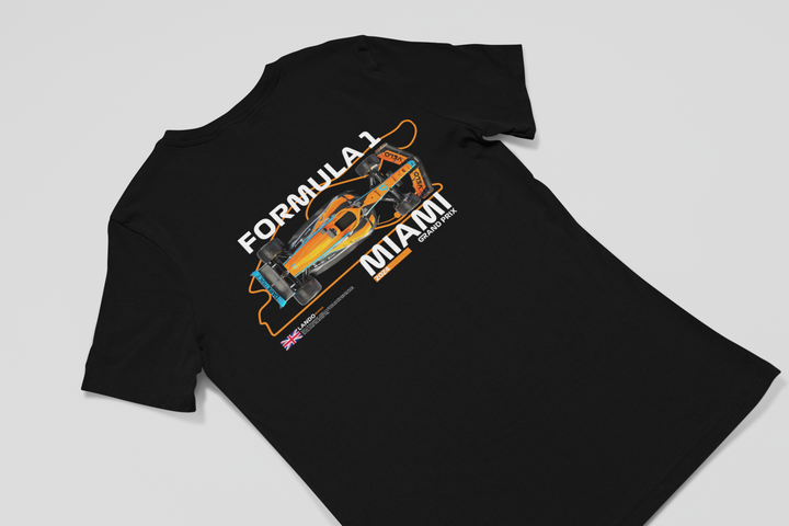 Black t-shirt with Formula 1 car graphic on a light gray background