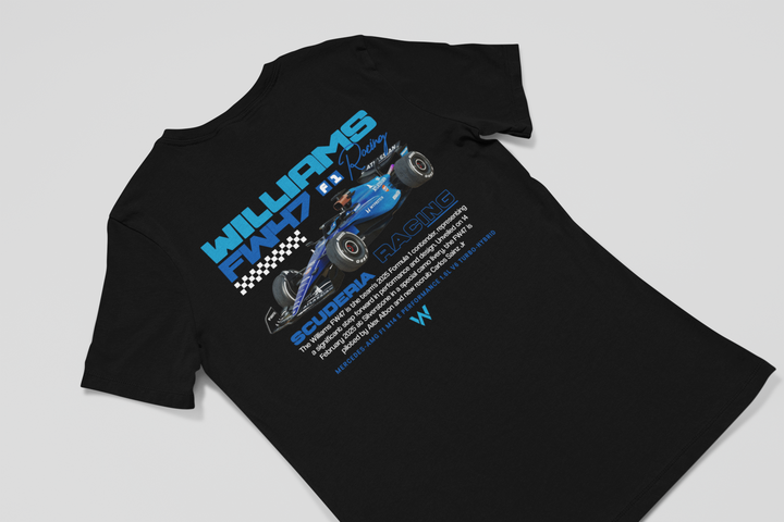Black t-shirt with Williams F1 graphic on a light gray background