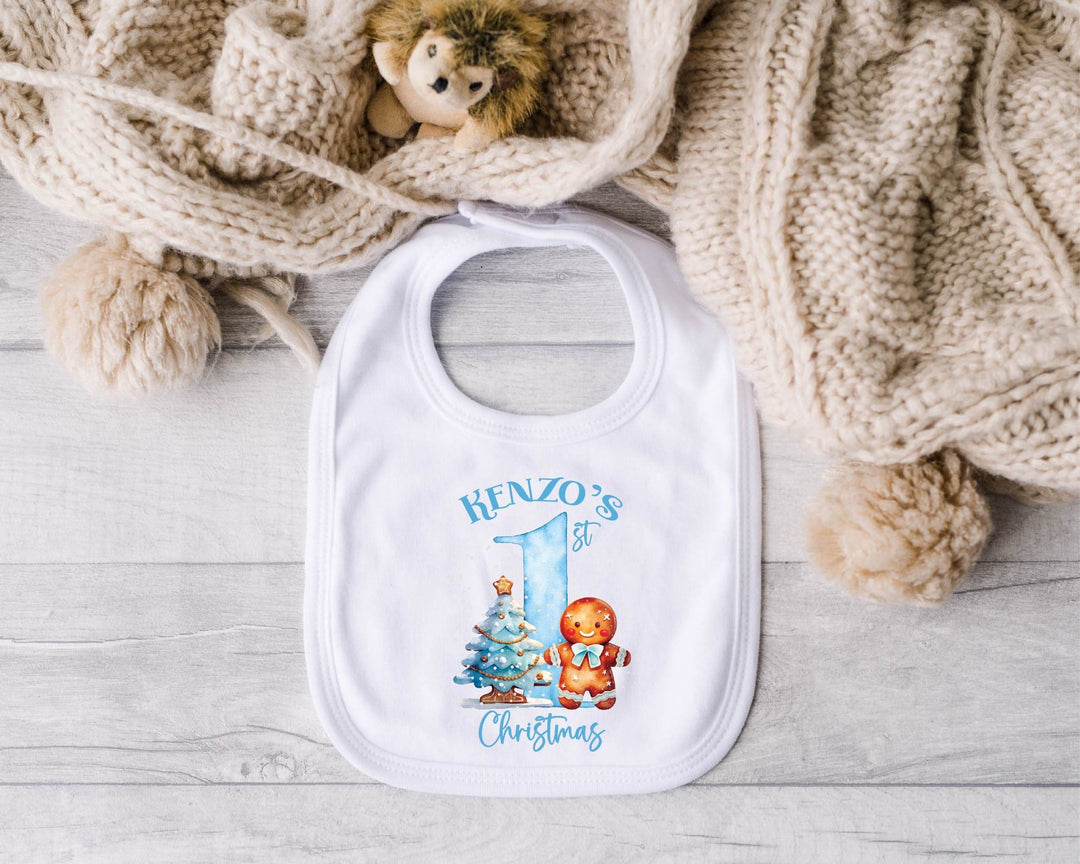 Personalised Blue First Christmas Baby Bib - Gifts Handmade