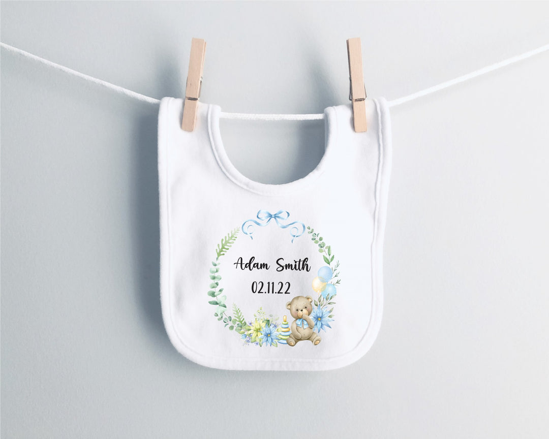 Personalised Blue Wreath Name and Date Baby Bib - Gifts Handmade