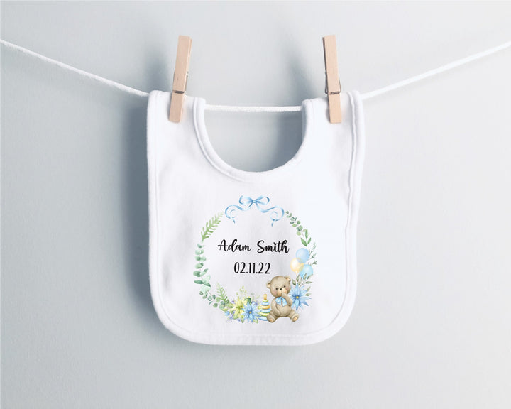 Personalised Blue Wreath Name and Date Baby Bib - Gifts Handmade