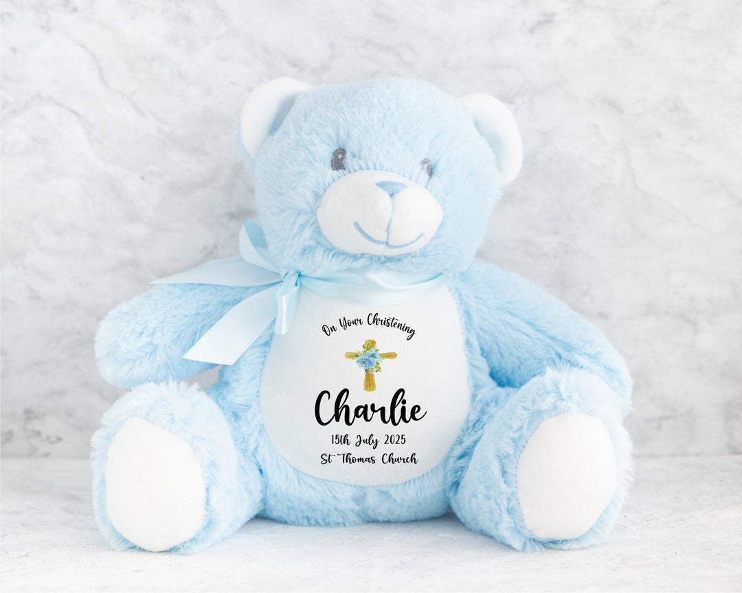 Personalised Christening / Baptism Little Cross Teddy - Blue - Gifts Handmade