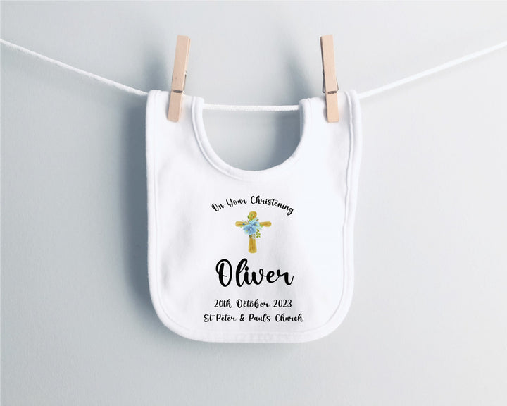 Personalised Christening/Baptism/Dedication Little Cross Baby Bib - Blue - Gifts Handmade