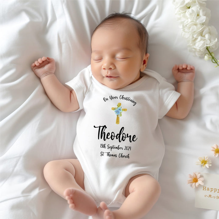 Personalised Christening/Baptism/Dedication Little Cross Baby Grow / Onesie - Blue - Gifts Handmade