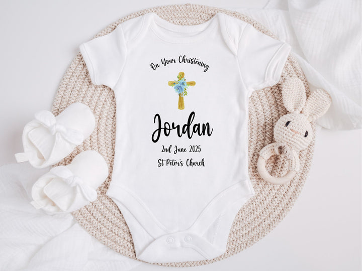 Personalised Christening/Baptism/Dedication Little Cross Baby Grow / Onesie - Blue - Gifts Handmade