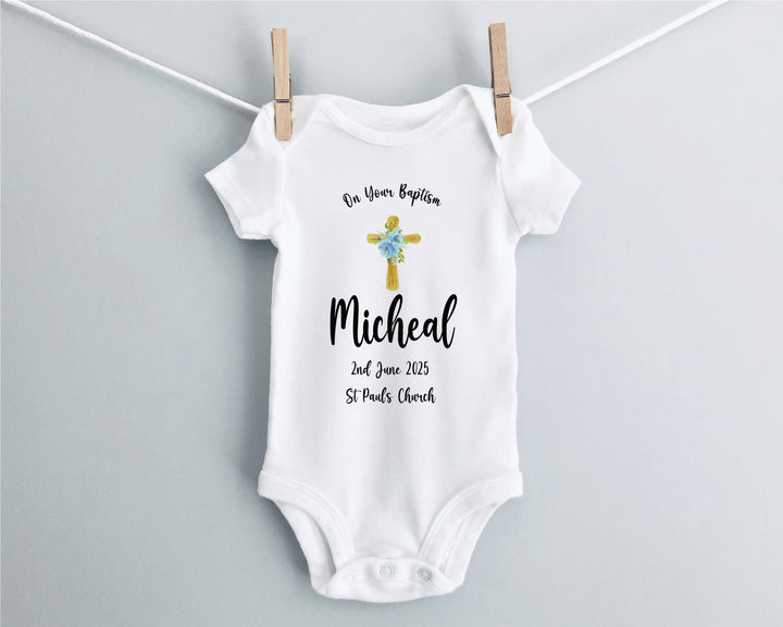 Personalised Christening/Baptism/Dedication Little Cross Baby Grow / Onesie - Blue - Gifts Handmade