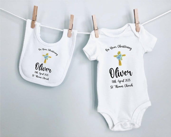 Personalised Christening/Baptism/Dedication Little Cross Baby Grow / Onesie - Blue - Gifts Handmade