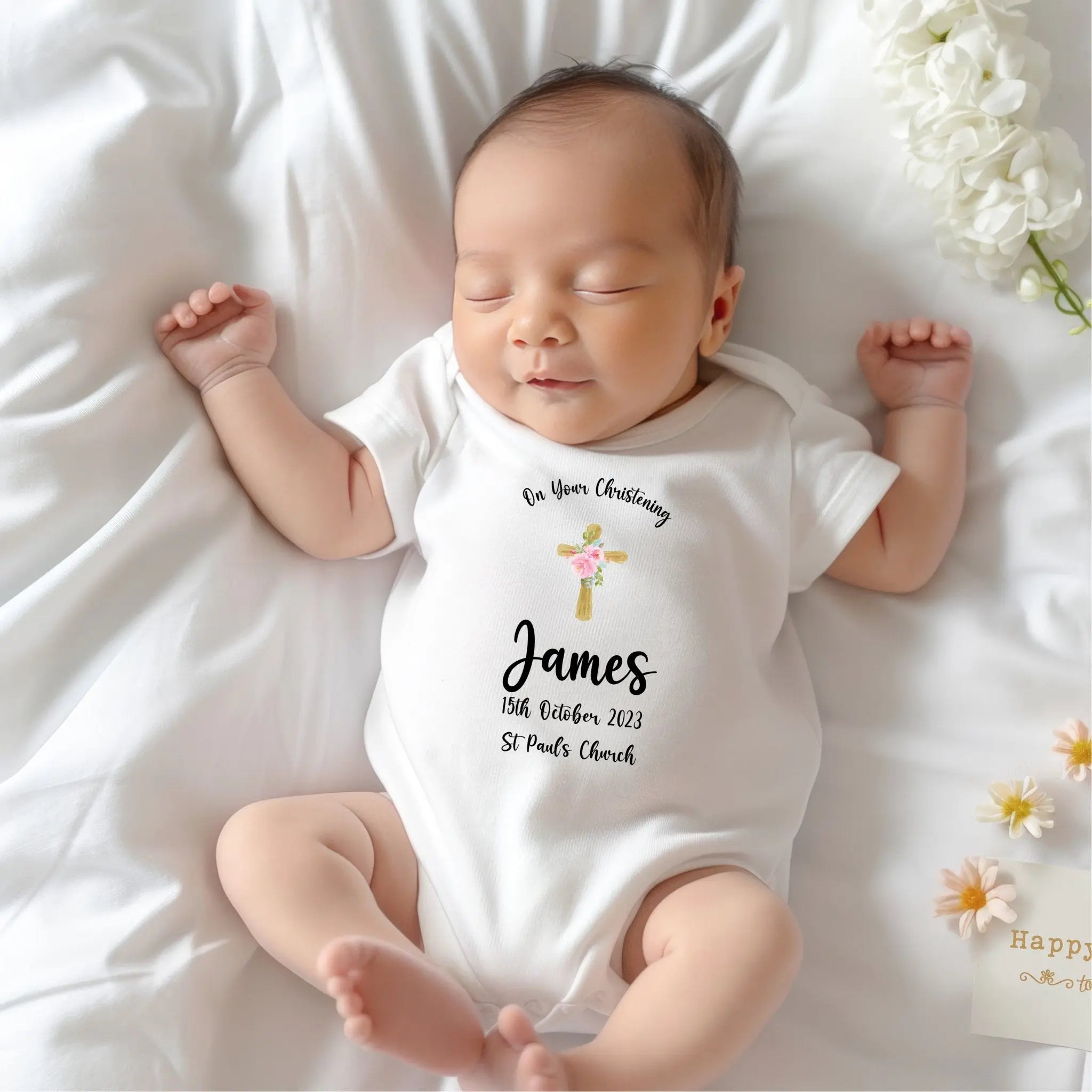 Personalised Christening Baptism Dedication Little Cross Baby Grow Onesie Pink