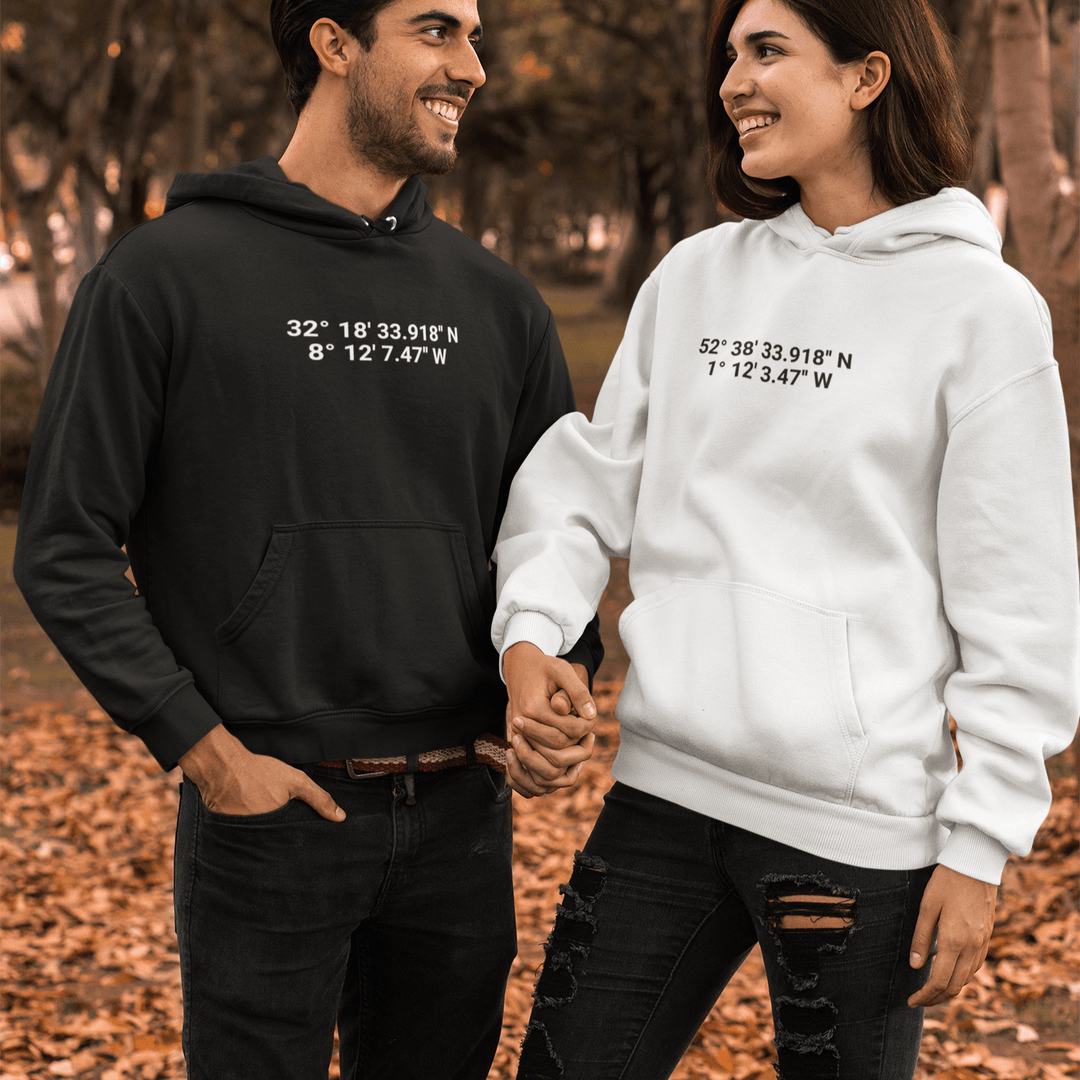 Personalised Coordinates Embroidered Unisex Hoodie, Custom Hoodie with Initial On Sleeve, Valentines Hoodie for Couples, Valentines Day Gift, Romantic Location Hoodie, Anniversary Gift Idea for Couples - Gifts Handmade