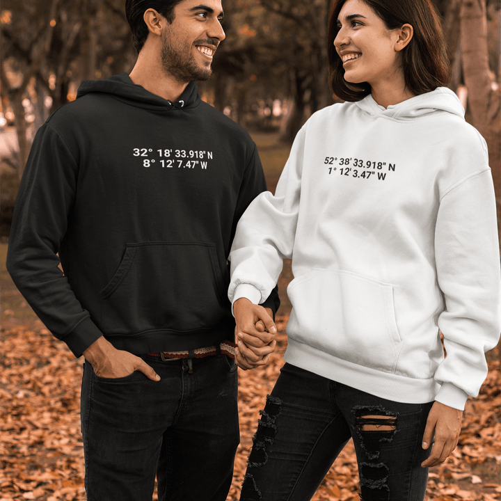 Personalised Coordinates Embroidered Unisex Hoodie, Custom Hoodie with Initial On Sleeve, Valentines Hoodie for Couples, Valentines Day Gift, Romantic Location Hoodie, Anniversary Gift Idea for Couples - Gifts Handmade