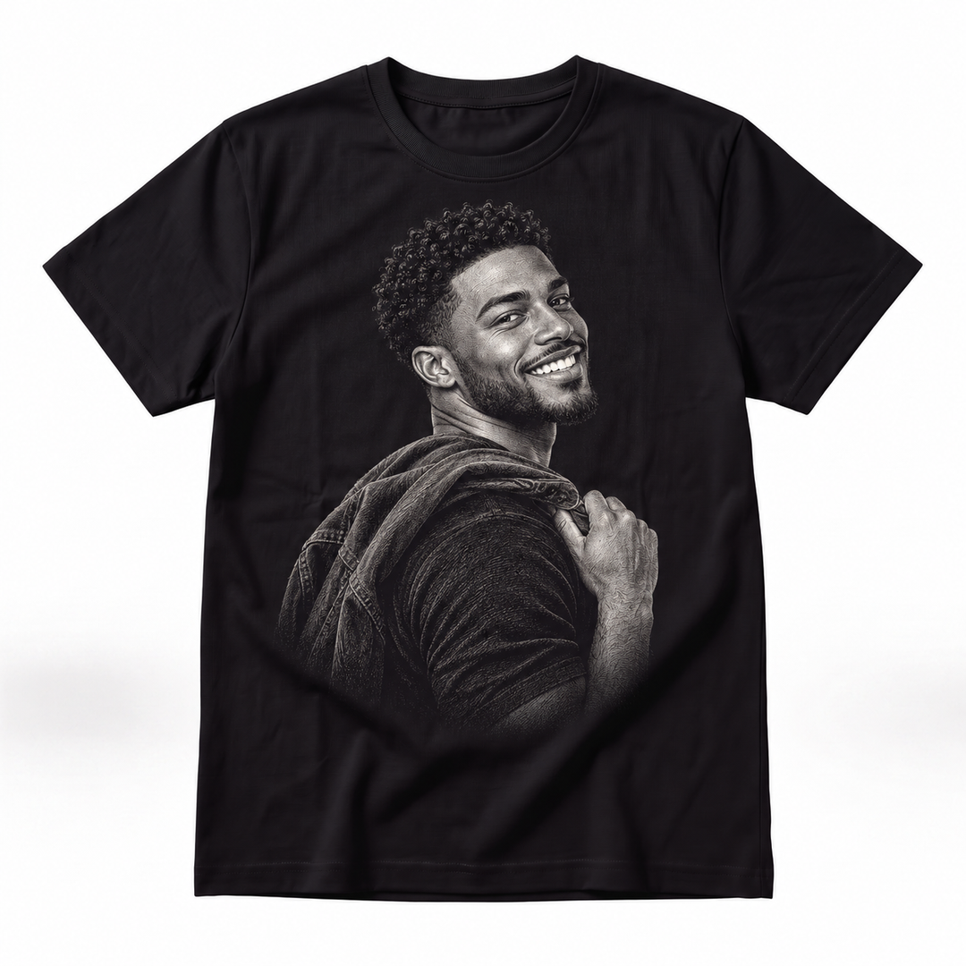 Personalised engraved photo T-shirt, black without background, shown on our actual blank