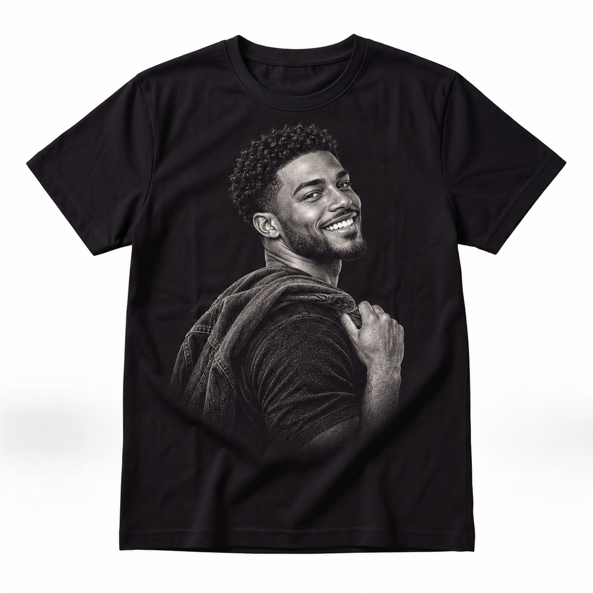 Personalised engraved photo T-shirt, black without background, shown on our actual blank
