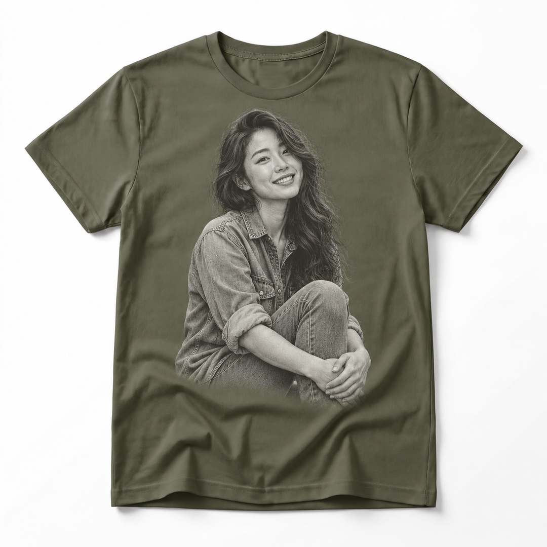 Personalised engraved photo T-shirt, green without background, shown on our actual blank
