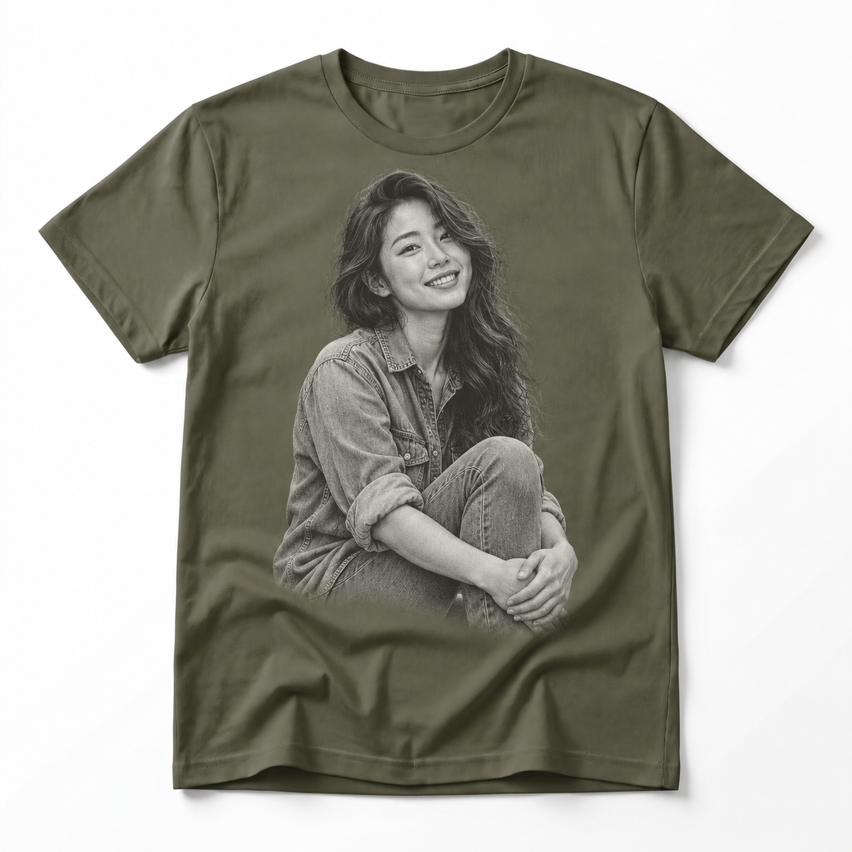 Personalised engraved photo T-shirt, green without background, shown on our actual blank