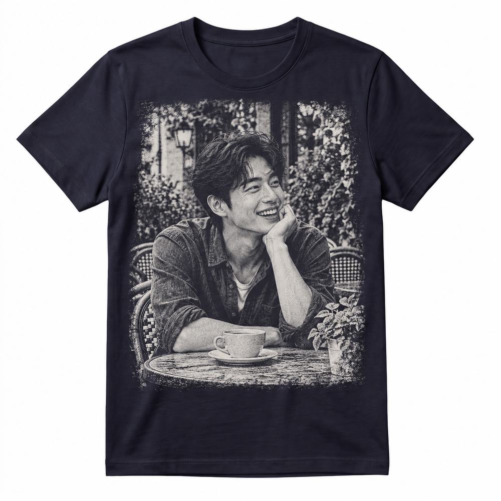 Personalised engraved photo T-shirt, navy with background, shown on our actual blank