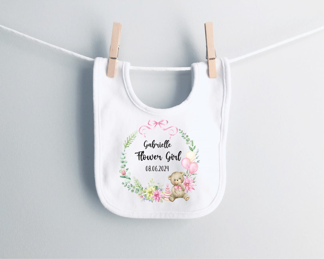 Personalised Flower Girl Wreath Name and Date Baby Bib - Gifts Handmade