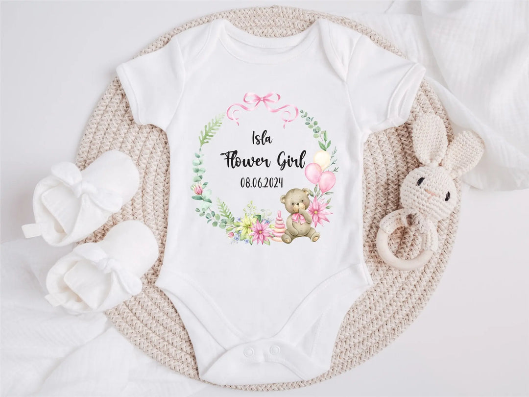 Personalised Flower Girl Wreath Name and Date Baby Grow Onesie