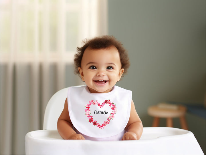 Personalised Heart Wreath Name and Date Baby Bib - Gifts Handmade