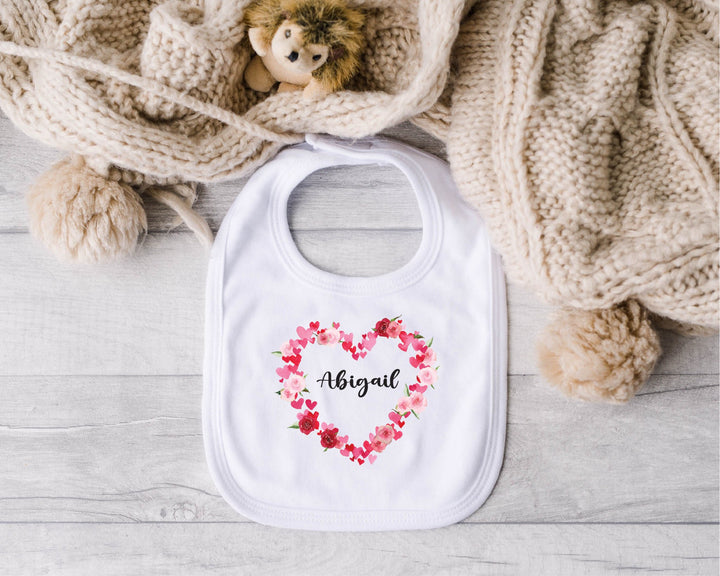 Personalised Heart Wreath Name and Date Baby Bib - Gifts Handmade