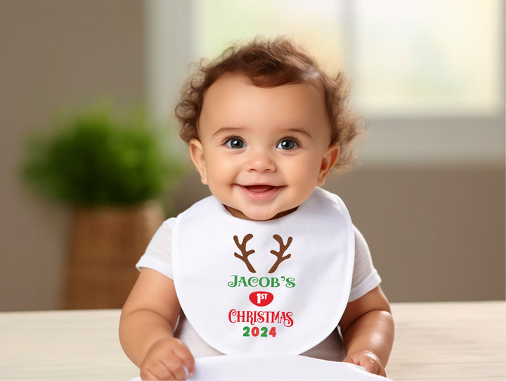 Personalised Reindeer First Christmas Baby Bib - Gifts Handmade