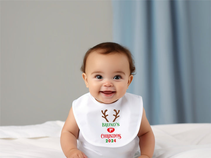 Personalised Reindeer First Christmas Baby Bib - Gifts Handmade