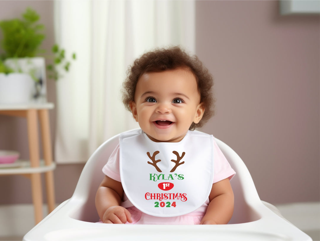 Personalised Reindeer First Christmas Baby Bib - Gifts Handmade