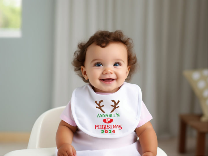 Personalised Reindeer First Christmas Baby Bib - Gifts Handmade