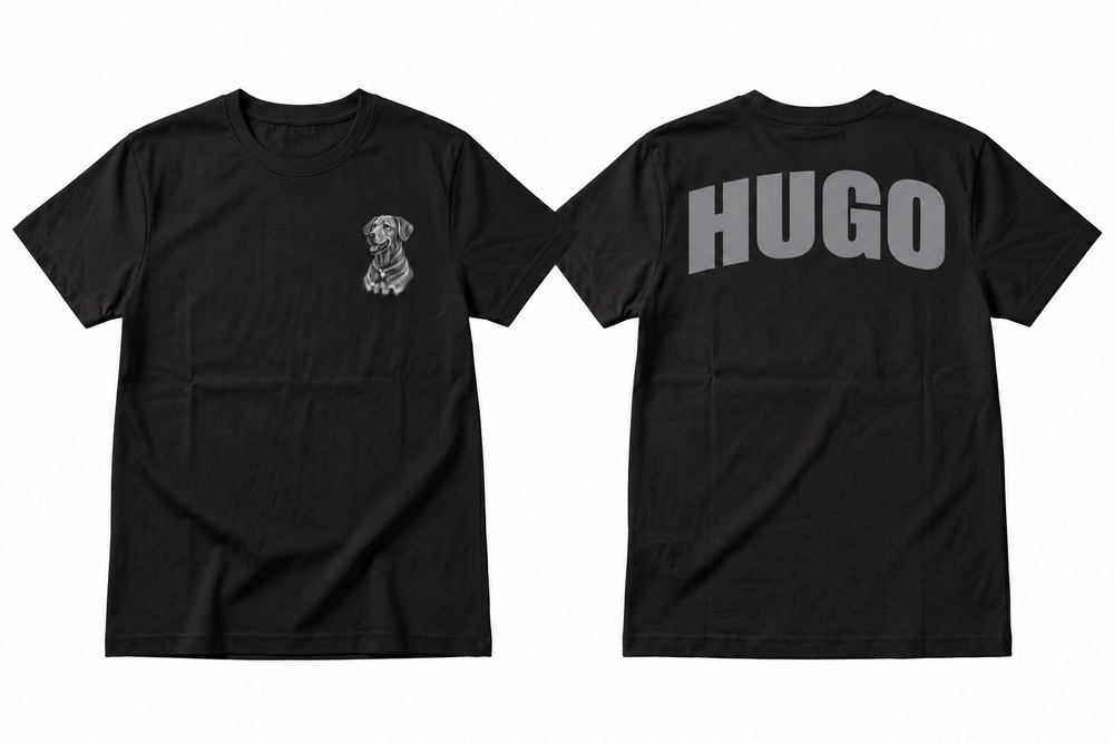 HUGO dog portrait T-shirt in regular black — small left chest print and large grey name across the back.