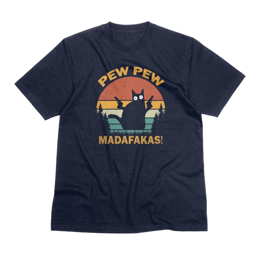 Pew Pew Madafakas Unisex T-Shirt, Funny Meme Cat Tee Shirt, Funny Crazy Cat Gun T-Shirt, Retro Vintage Cool Cat T Shirt, Gift for Cat Lovers - Gifts Handmade