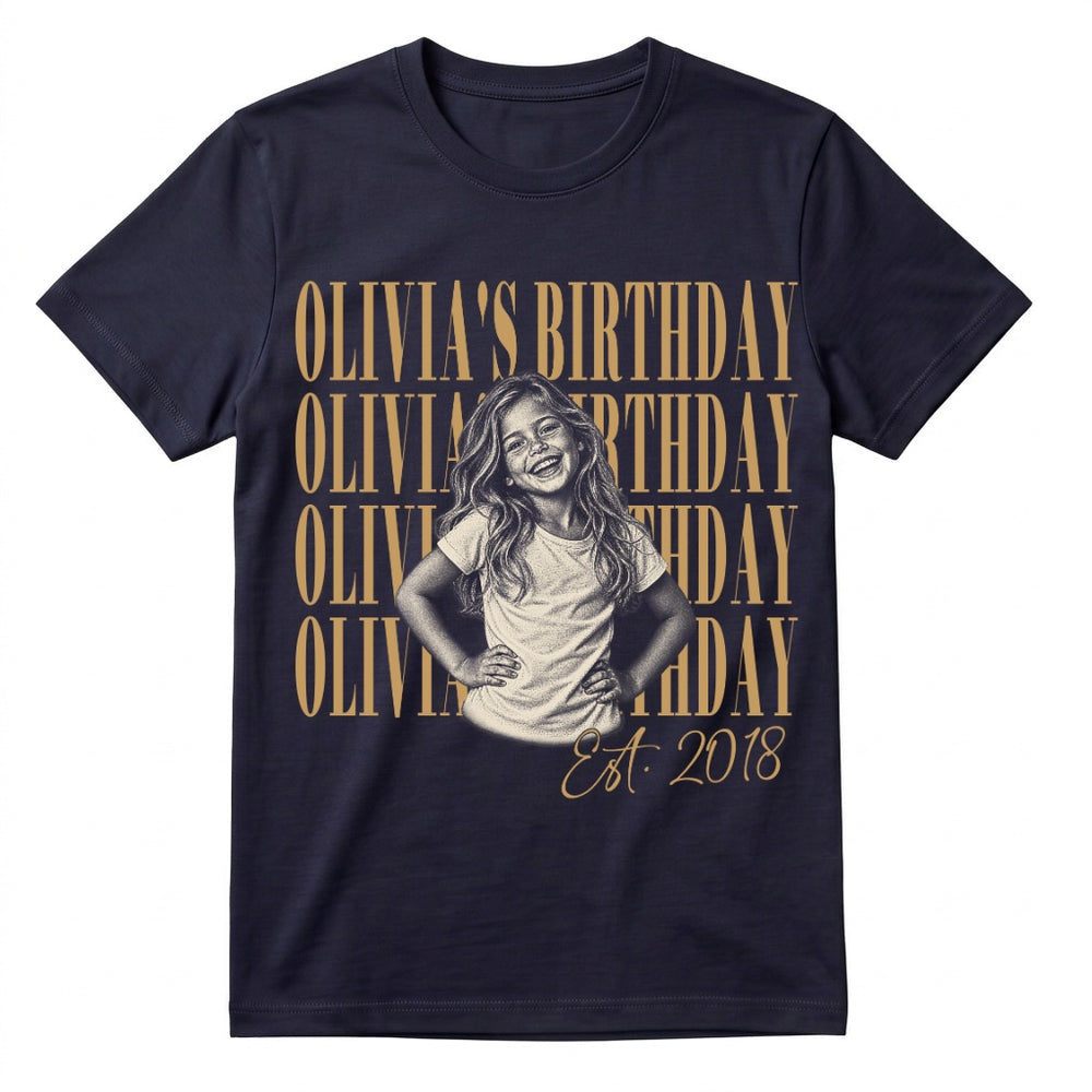 Olivia's Birthday, Est. 2018: engraved smiling child with hands on hips on our actual Navy Blue regular T-shirt.