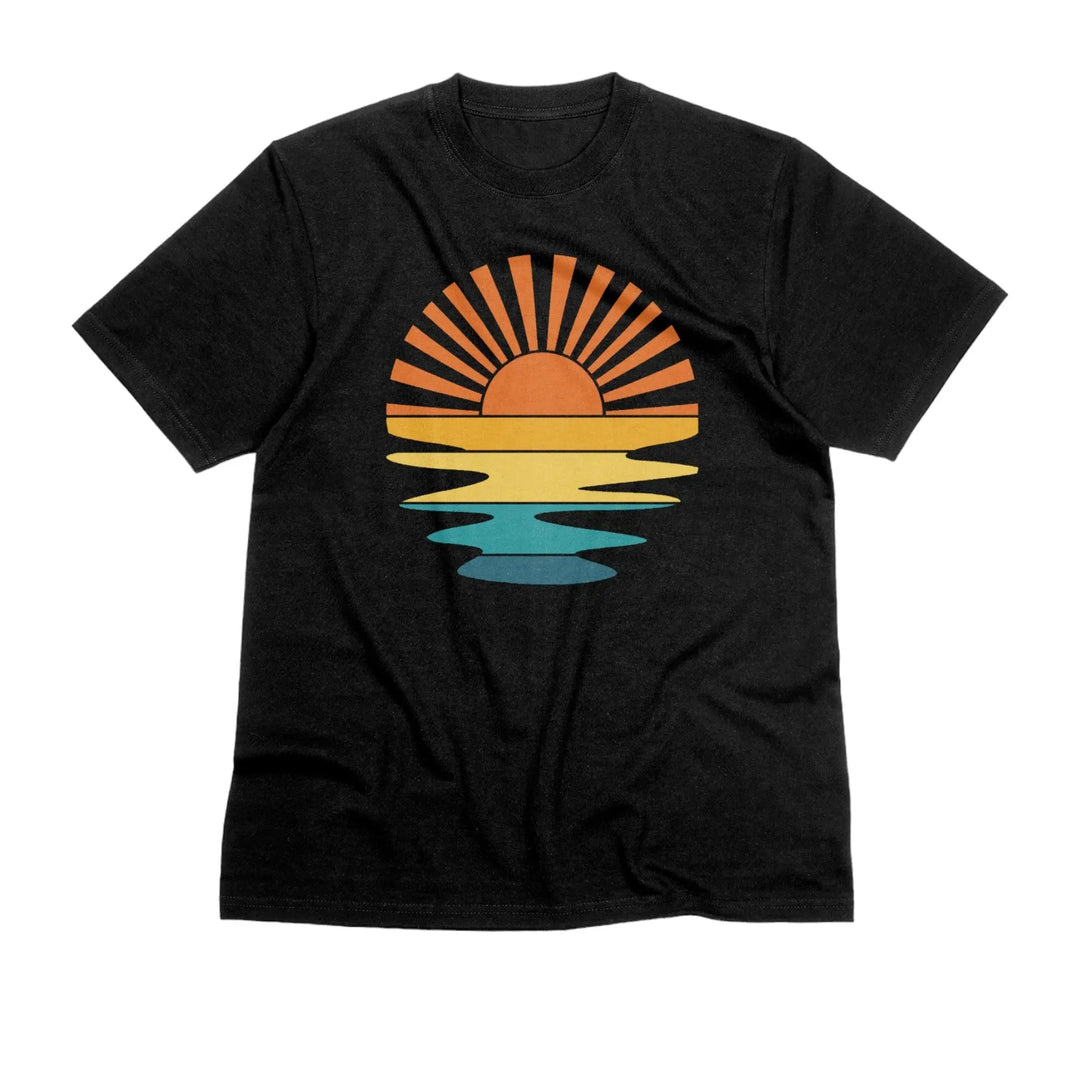 Retro Sunset Rays Wavy Unisex T-Shirt in Black