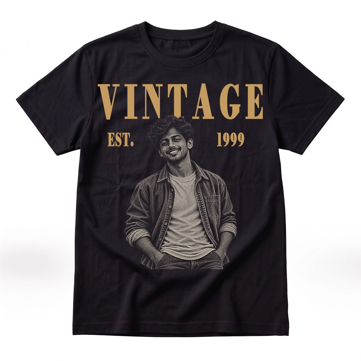 Vintage EST. 1999 adult portrait T-shirt on our actual black regular blank; pockets pose.
