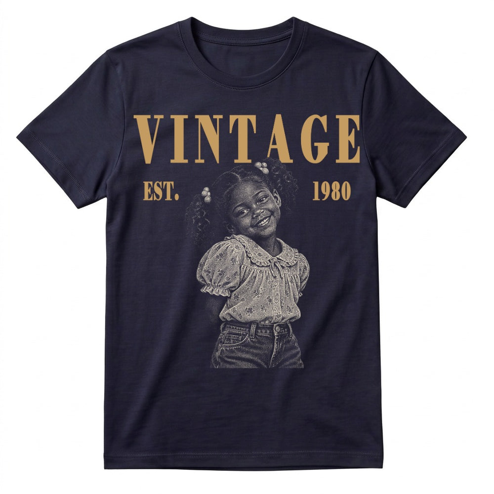 Vintage EST. 1980 childhood portrait T-shirt on our actual navy regular blank; hands behind pose.