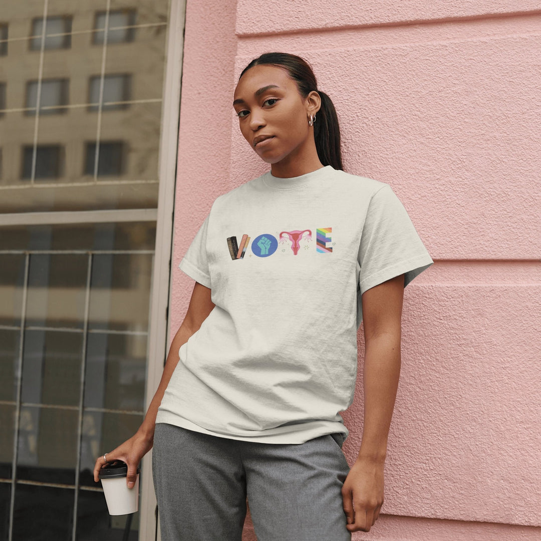 Vote Books Fist Ovaries LGBTQ Unisex T - Shirt - LGBTQ Equality T - Shirt - Ovaries T - Shirt - Banned Book Election Shirt - Political Activism Shirt - Gifts Handmade