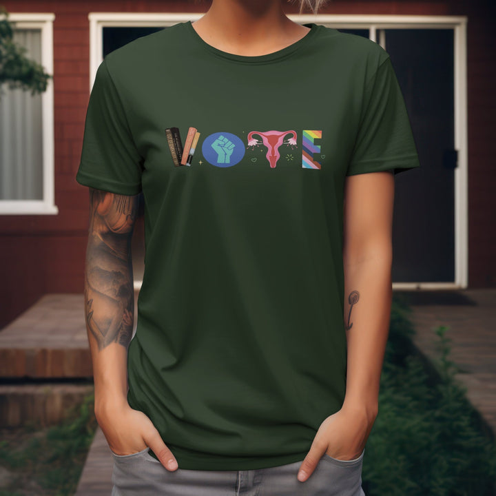 Vote Books Fist Ovaries LGBTQ Unisex T - Shirt - LGBTQ Equality T - Shirt - Ovaries T - Shirt - Banned Book Election Shirt - Political Activism Shirt - Gifts Handmade