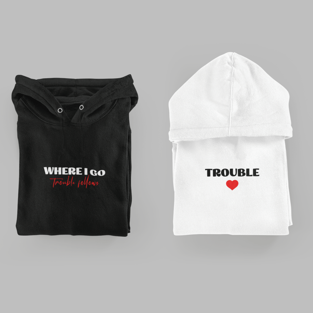 Where I Go Trouble Follows Unisex Hoodie, Custom Valentines Hoodie with Initial On Sleeve, Personalised Embroidered Hoodie Gift for Couples, Perfect Valentine’s Day or Anniversary Gift - Gifts Handmade