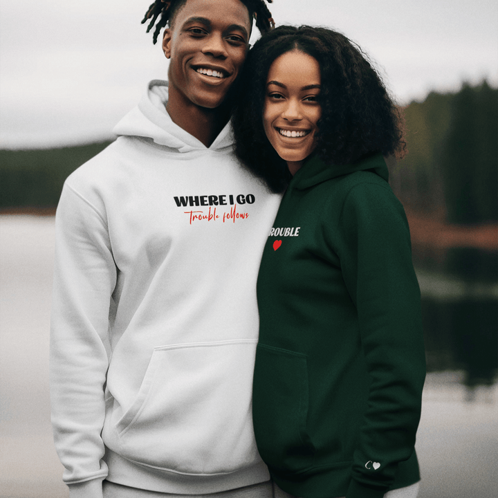 Where I Go Trouble Follows Unisex Hoodie, Custom Valentines Hoodie with Initial On Sleeve, Personalised Embroidered Hoodie Gift for Couples, Perfect Valentine’s Day or Anniversary Gift - Gifts Handmade