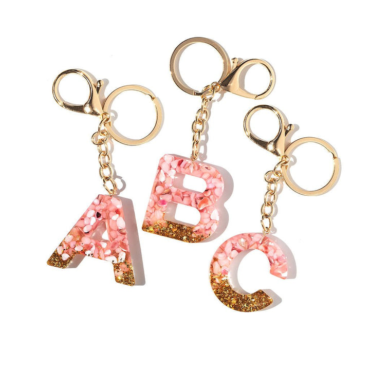 Handmade A-Z Letter Keyring with Pink stone shavings and Gold Foil - Gifts Handmade