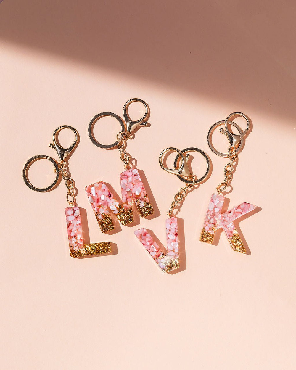 Handmade A-Z Letter Keyring with Pink stone shavings and Gold Foil - Gifts Handmade