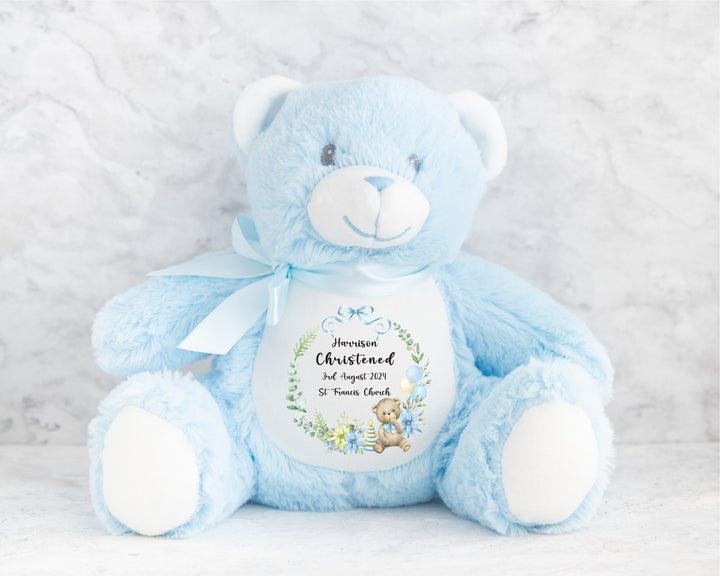 Personalised Christening / Baptism Blue Wreath Teddy - Gifts Handmade