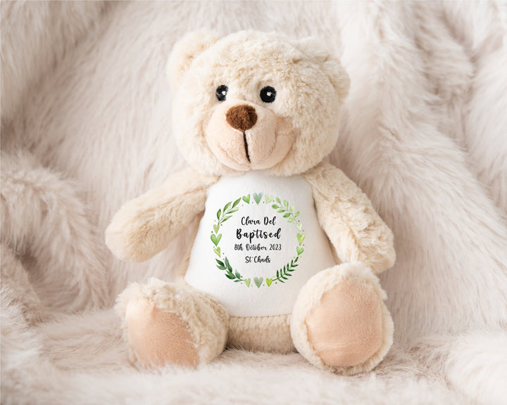 Personalised Christening / Baptism Green Wreath Teddy - Gifts Handmade